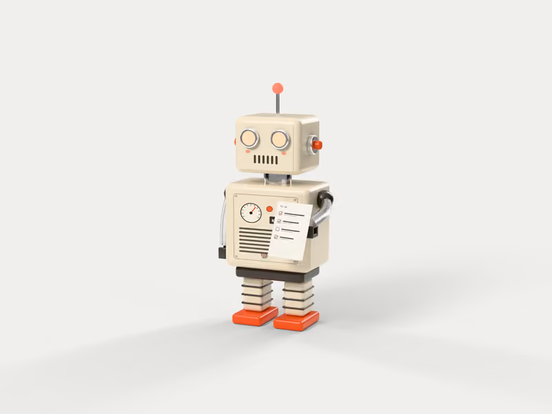 A tin wind-up robot carrying a to-do list that a person has ticked.