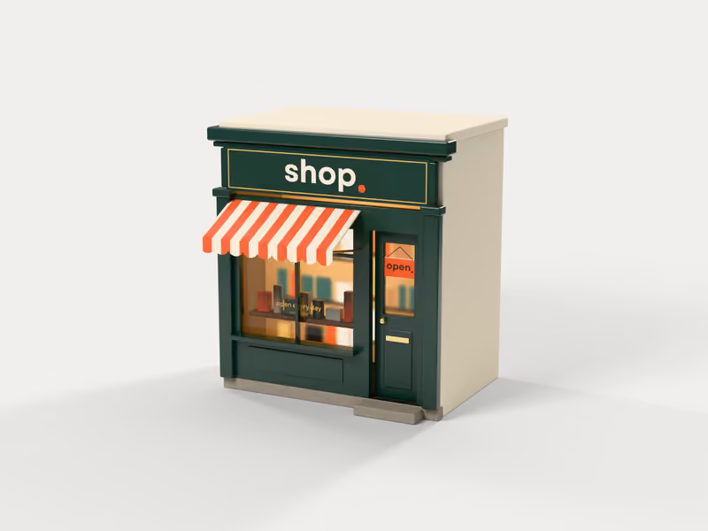 A small shopfront with a striped awning and an open sign in the door.